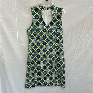 Green and Blue Sheath Dress with Mock Neck